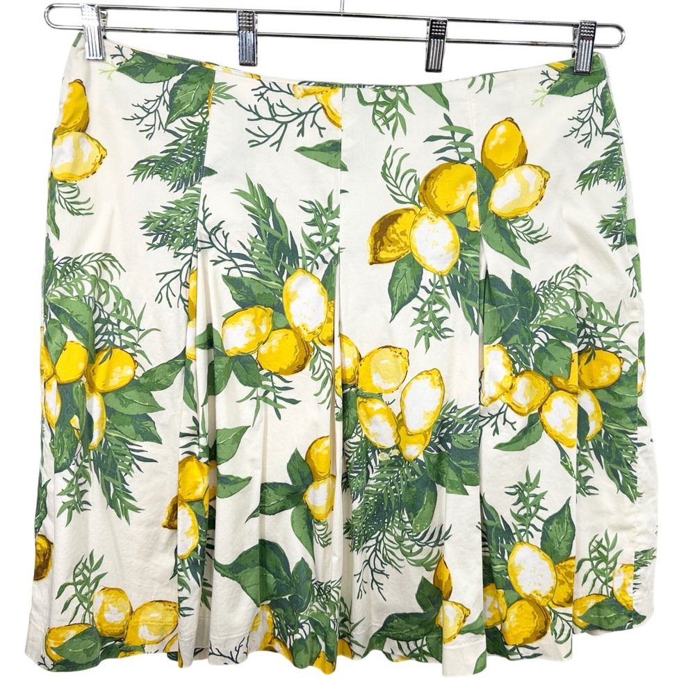 Talbots Plus Size 16W Skirt Lemon Print Pleated A-Line Yellow Green Cotton 1368